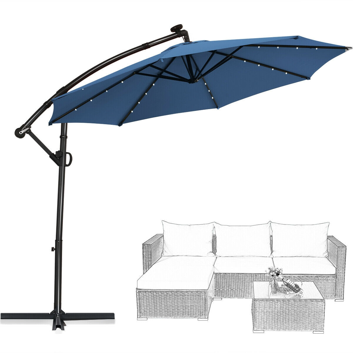 10 ft 360° Rotation Solar Powered LED Patio Offset Umbrella without Weight Base-Blue Kids Crystal