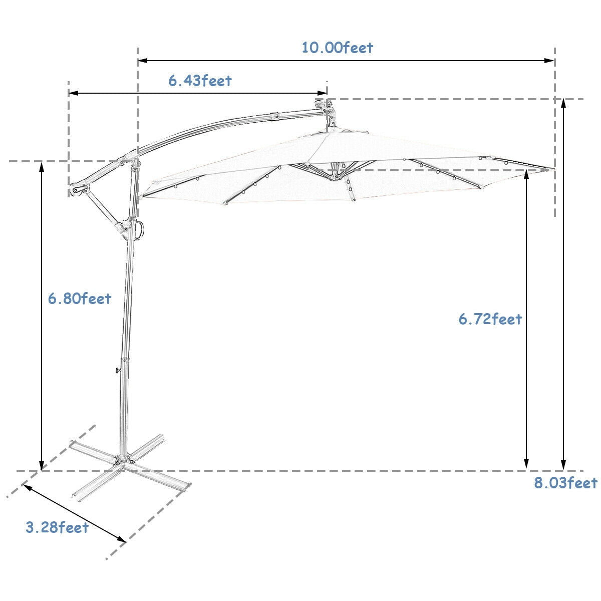 10 ft 360° Rotation Solar Powered LED Patio Offset Umbrella without Weight Base-Blue Kids Crystal