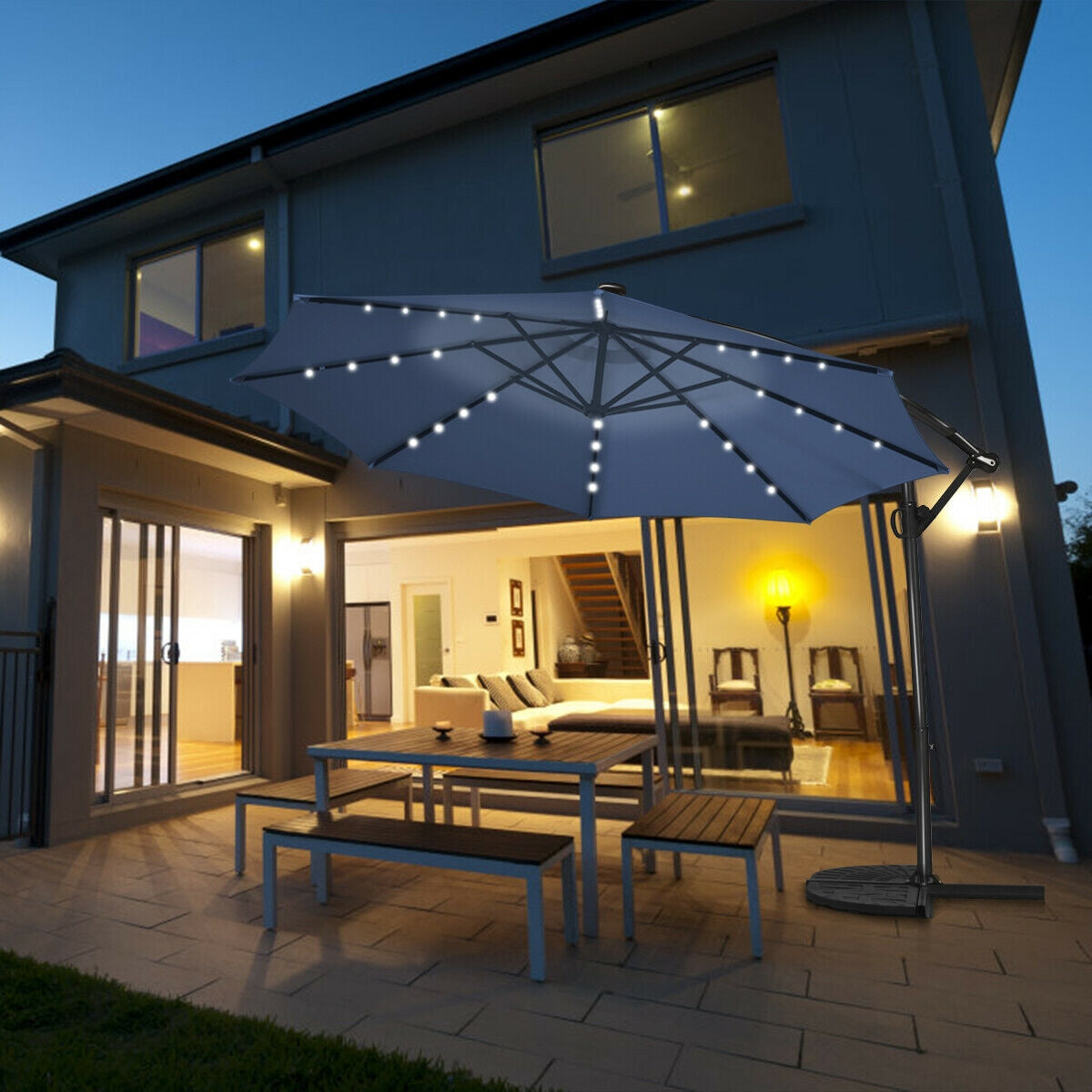 10 ft 360° Rotation Solar Powered LED Patio Offset Umbrella without Weight Base-Blue Kids Crystal