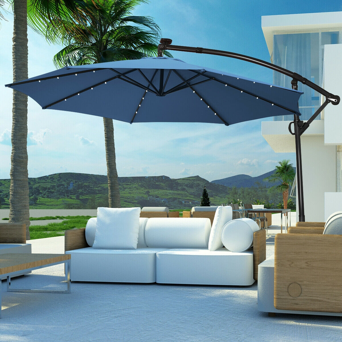 10 ft 360° Rotation Solar Powered LED Patio Offset Umbrella without Weight Base-Blue Kids Crystal