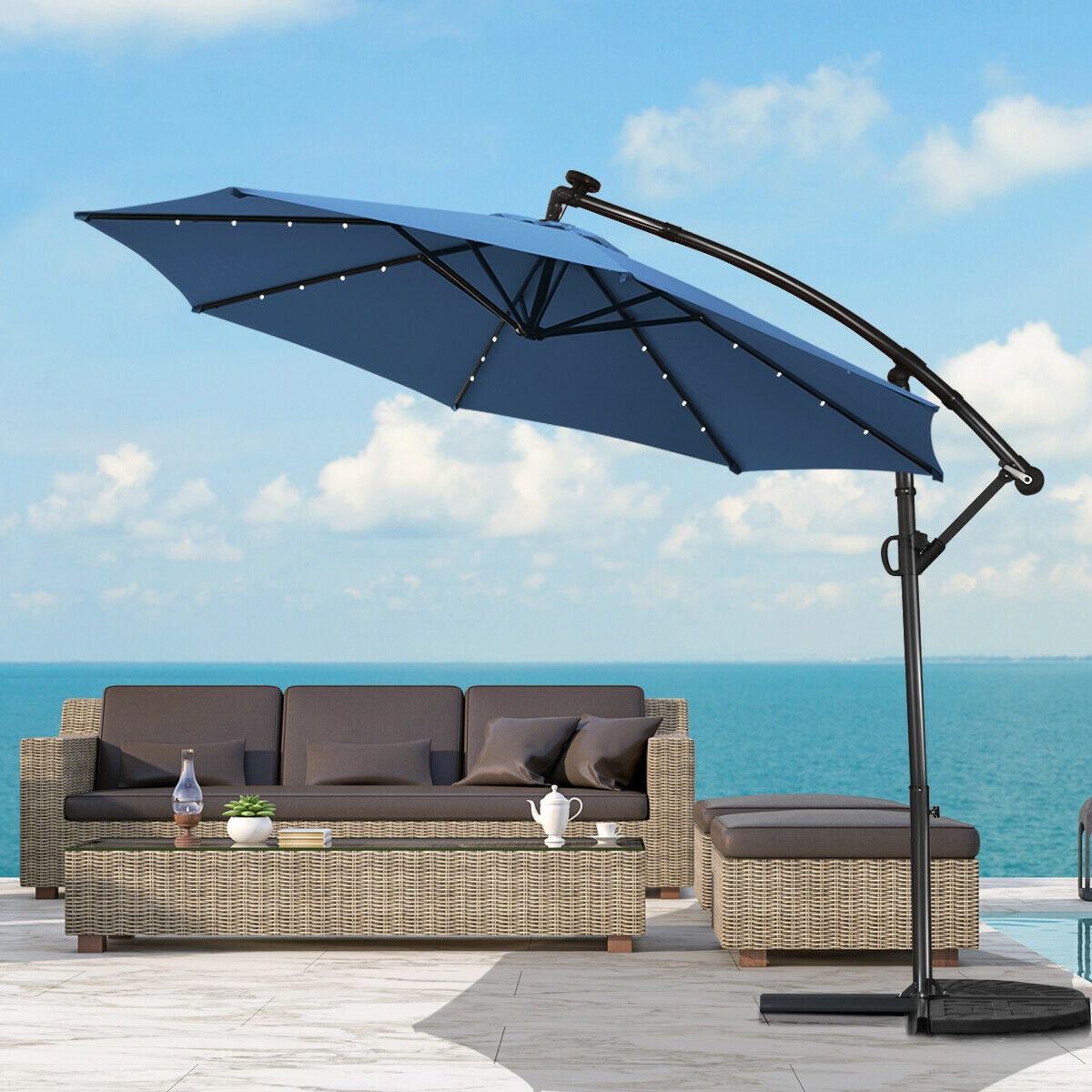 10 ft 360° Rotation Solar Powered LED Patio Offset Umbrella without Weight Base-Blue Kids Crystal