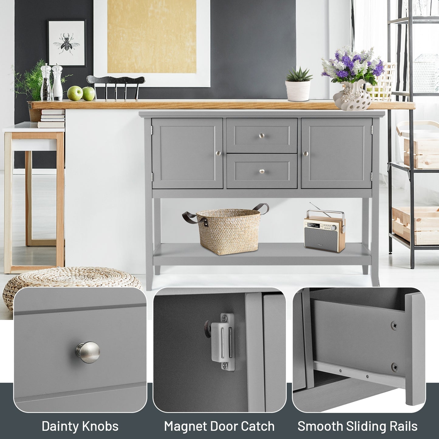 Wooden Sideboard Buffet Console Table with Drawers and Storage-Gray Kids Crystal