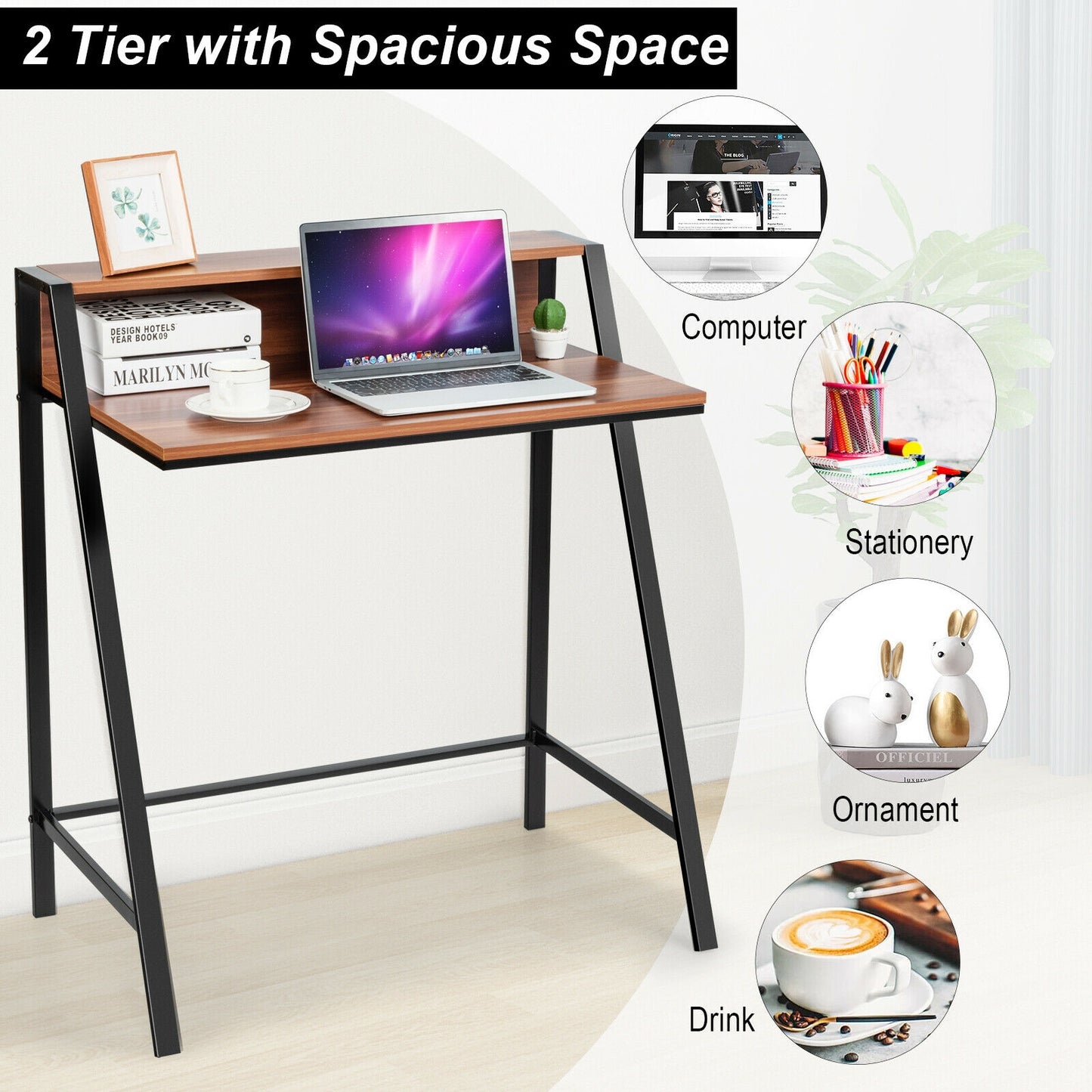 2 Tier Computer Desk PC Laptop Table Study Writing Home Office Workstation New-Walnut Kids Crystal