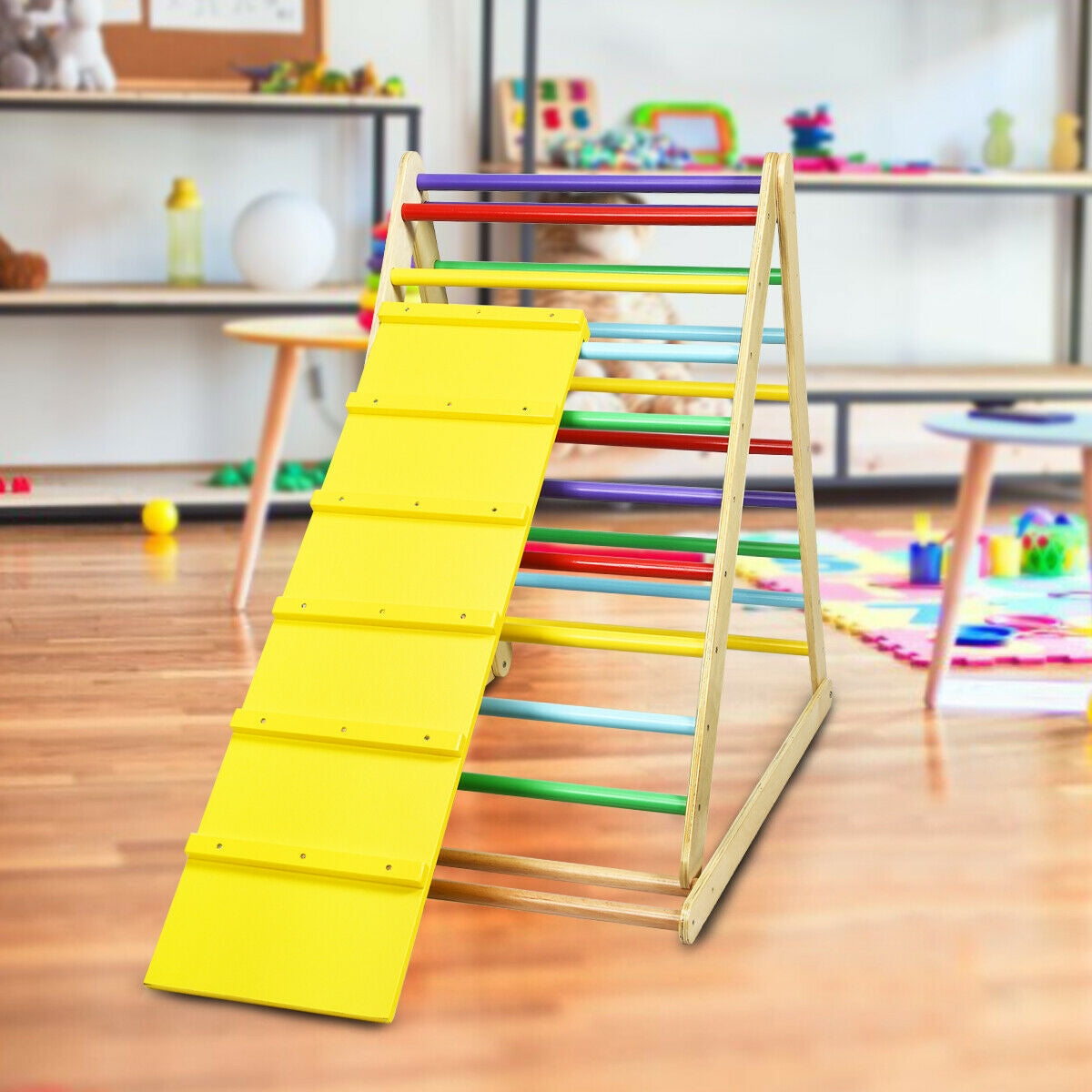 Foldable Wooden Climbing Triangle Indoor with Ladder for Toddler Baby-Multicolor Kids Crystal