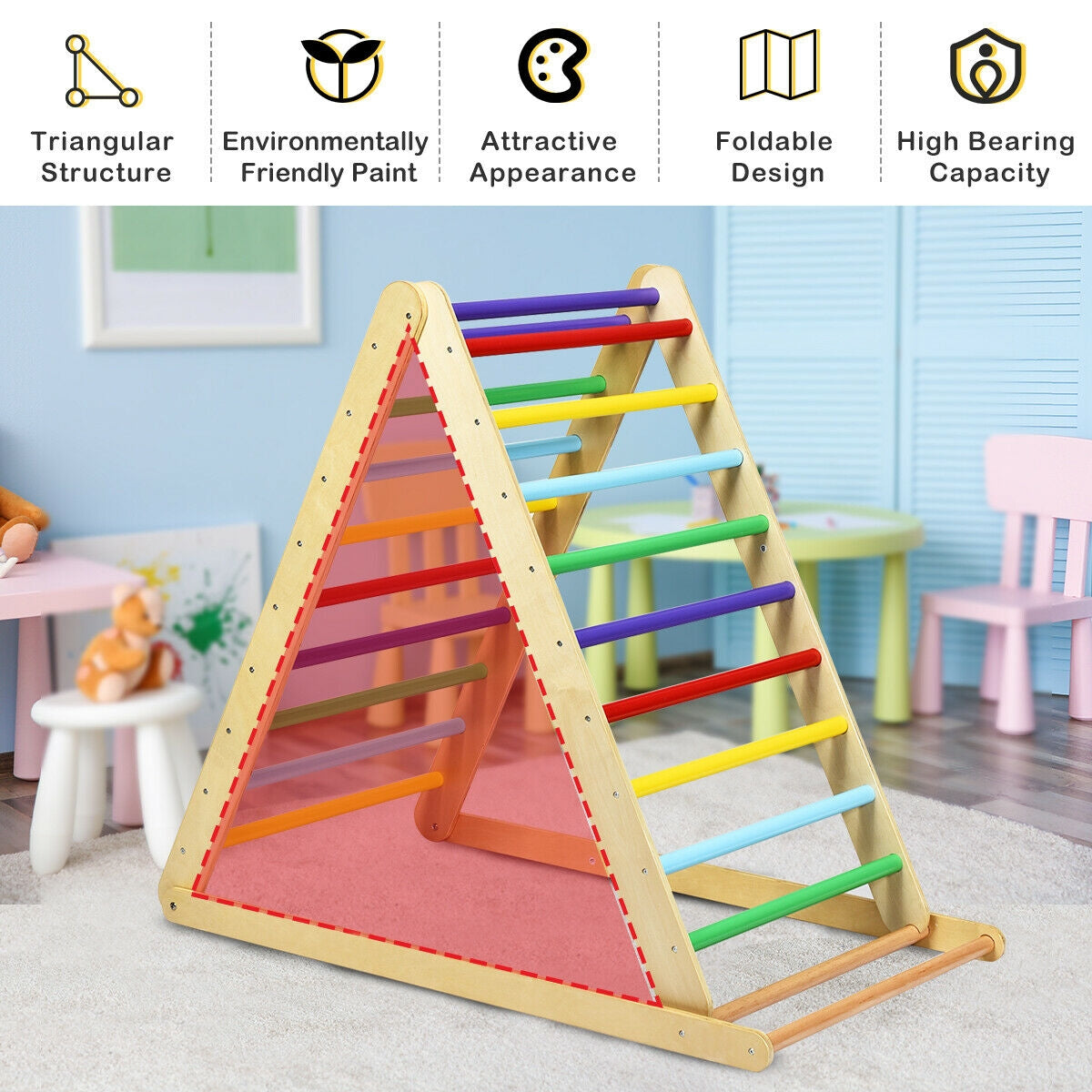 Foldable Wooden Climbing Triangle Indoor with Ladder for Toddler Baby-Multicolor Kids Crystal