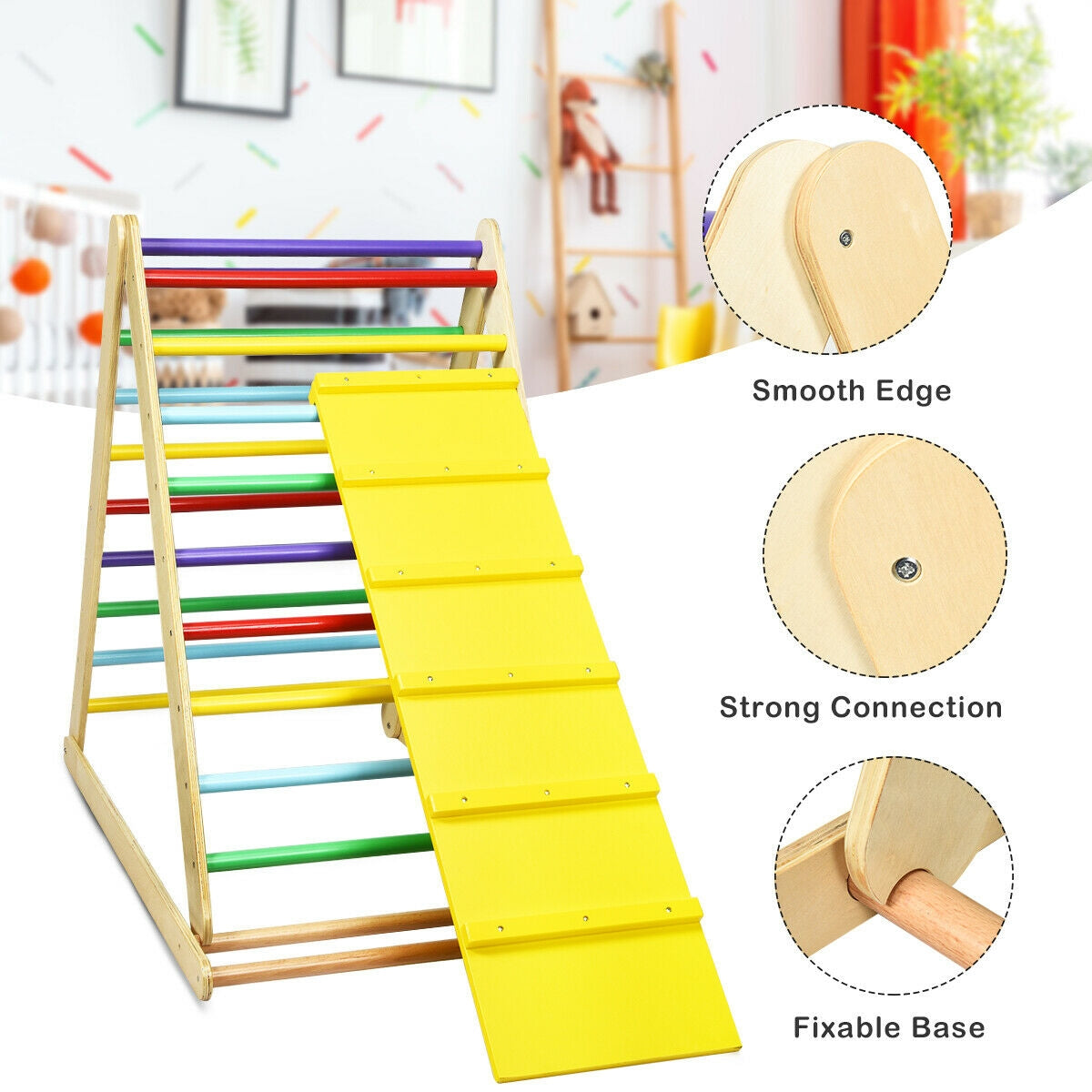 Foldable Wooden Climbing Triangle Indoor with Ladder for Toddler Baby-Multicolor Kids Crystal