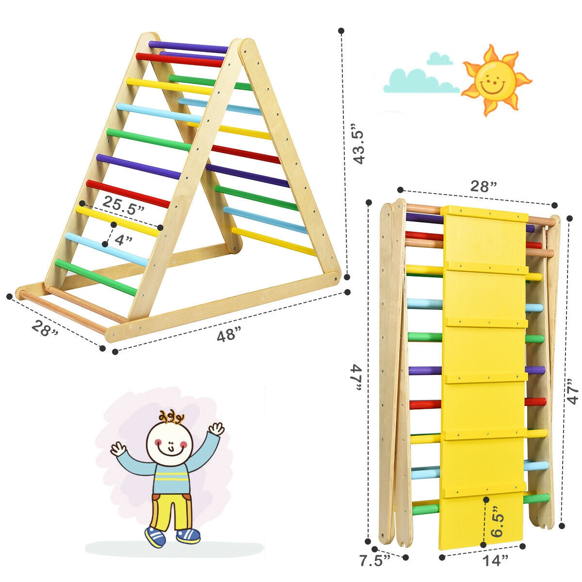 Foldable Wooden Climbing Triangle Indoor with Ladder for Toddler Baby-Multicolor Kids Crystal