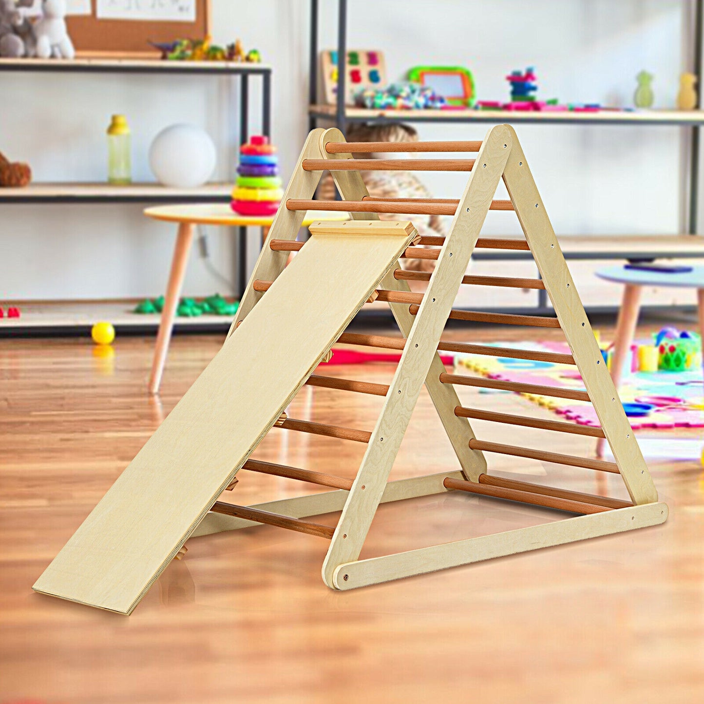 Foldable Wooden Climbing Triangle Indoor with Ladder for Toddler Baby-Natural Kids Crystal