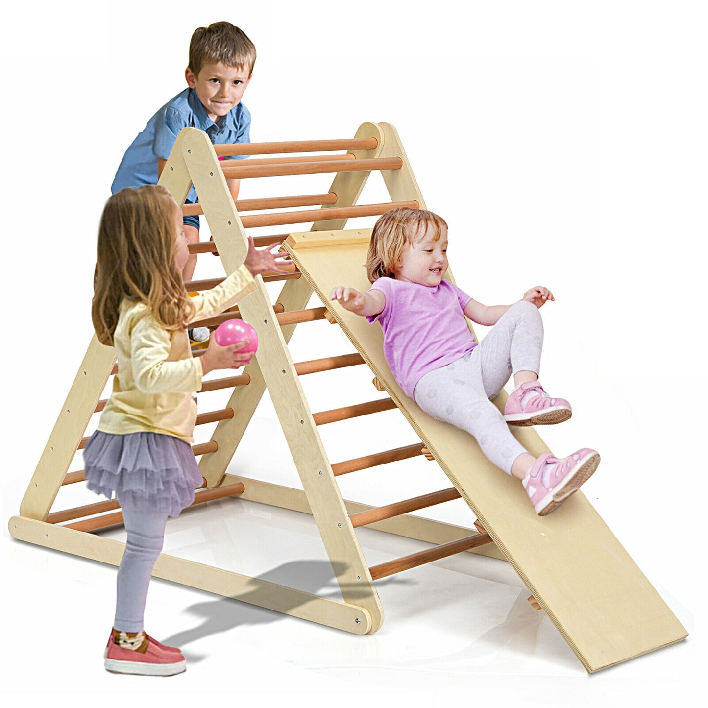 Foldable Wooden Climbing Triangle Indoor with Ladder for Toddler Baby-Natural Kids Crystal