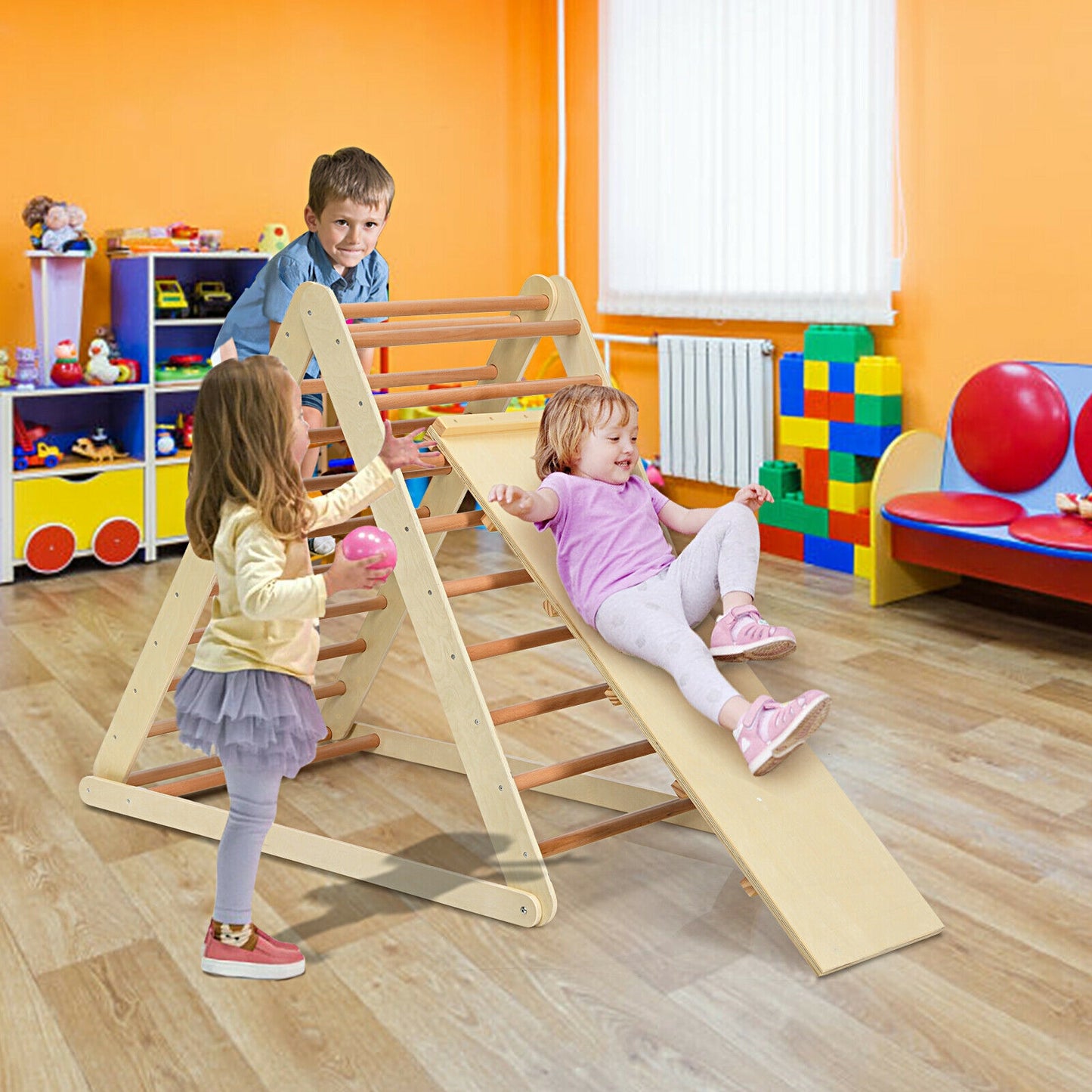 Foldable Wooden Climbing Triangle Indoor with Ladder for Toddler Baby-Natural Kids Crystal