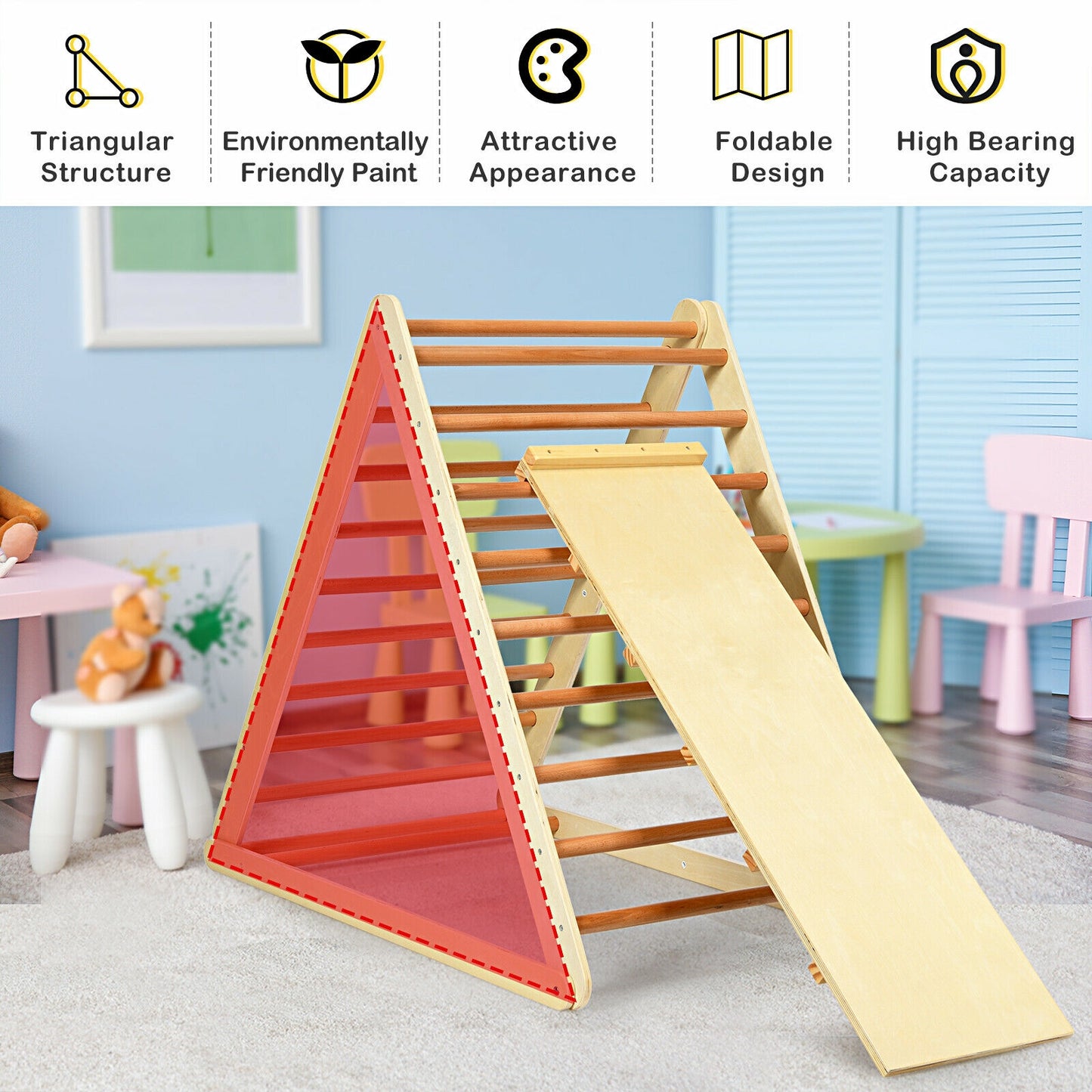 Foldable Wooden Climbing Triangle Indoor with Ladder for Toddler Baby-Natural Kids Crystal