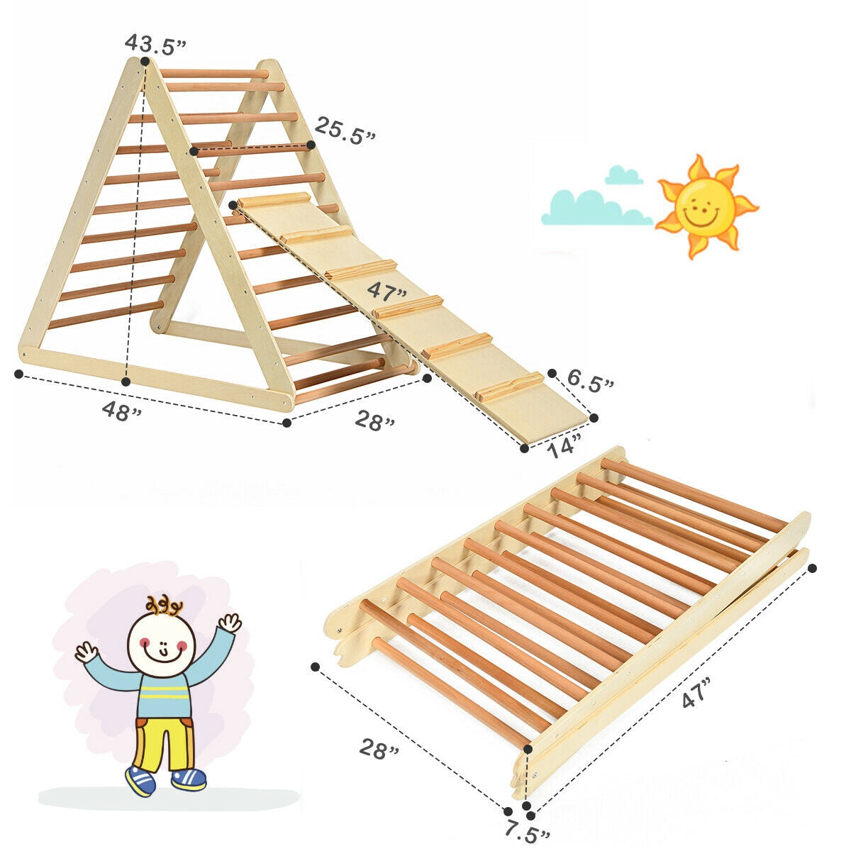 Foldable Wooden Climbing Triangle Indoor with Ladder for Toddler Baby-Natural Kids Crystal