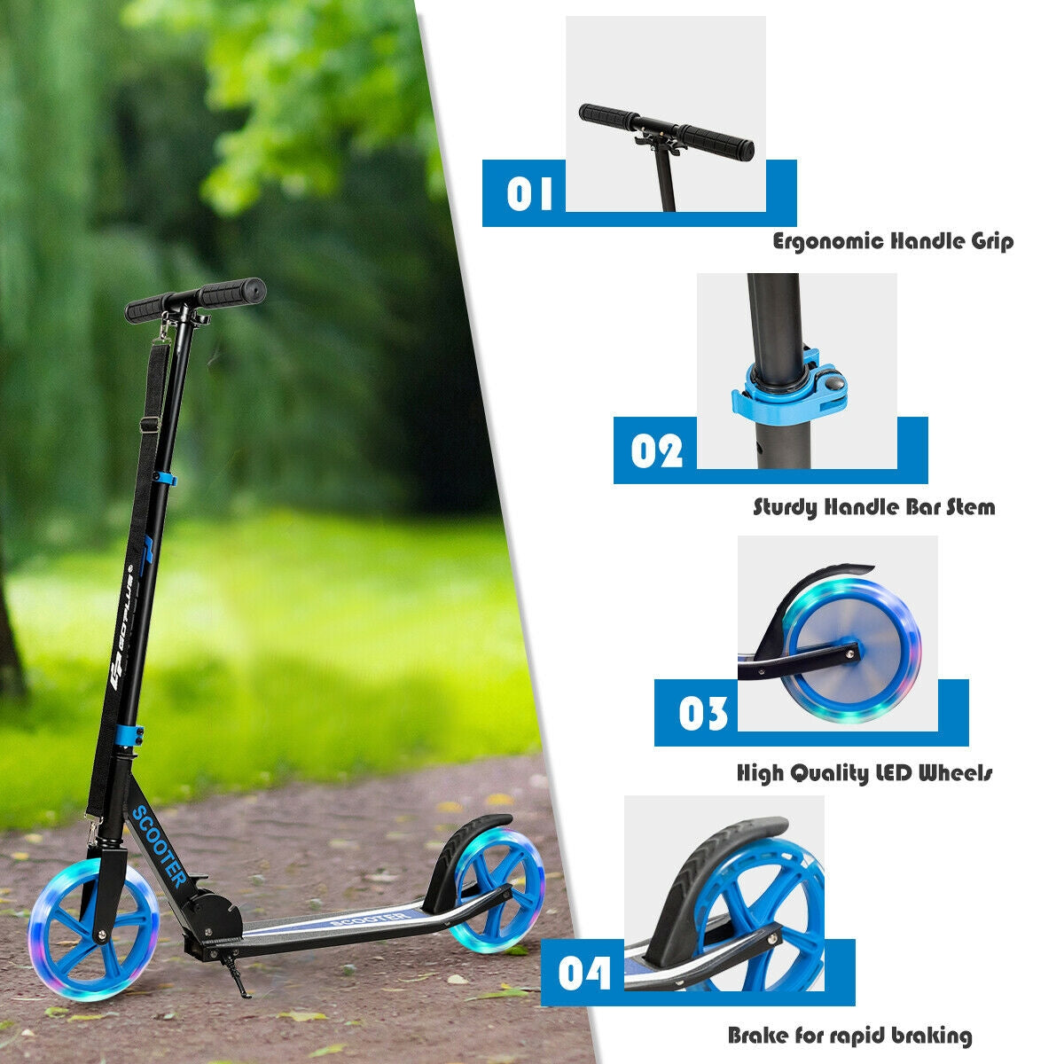 Portable Folding Sports Kick Scooter with LED Wheels-Blue Kids Crystal