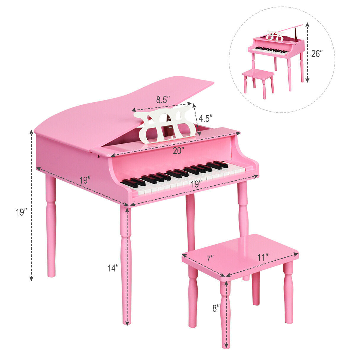 30-Key Wood Toy Kids Grand Piano with Bench and Music Rack-Pink Kids Crystal