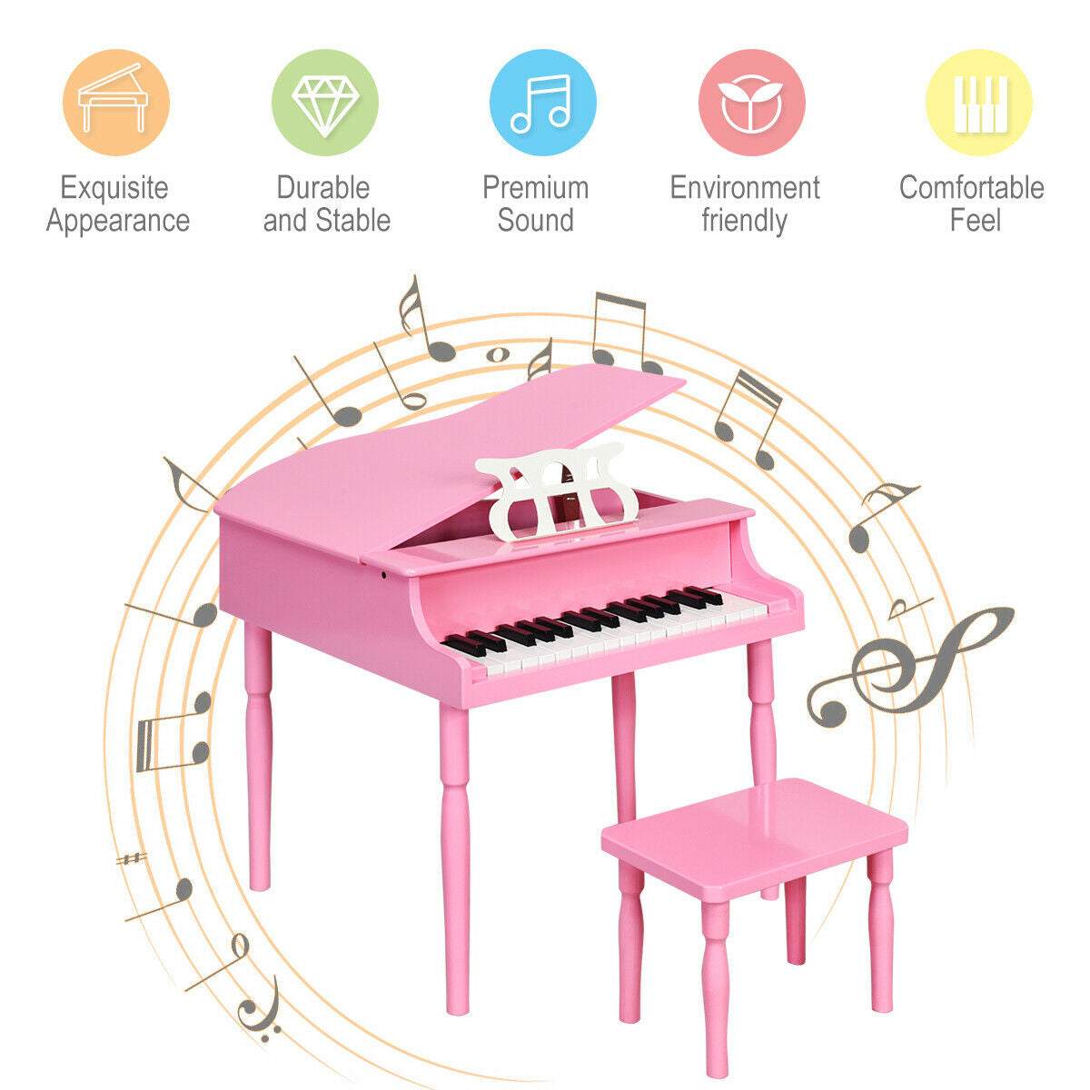 30-Key Wood Toy Kids Grand Piano with Bench and Music Rack-Pink Kids Crystal