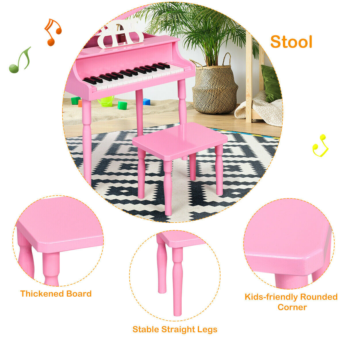 30-Key Wood Toy Kids Grand Piano with Bench and Music Rack-Pink Kids Crystal