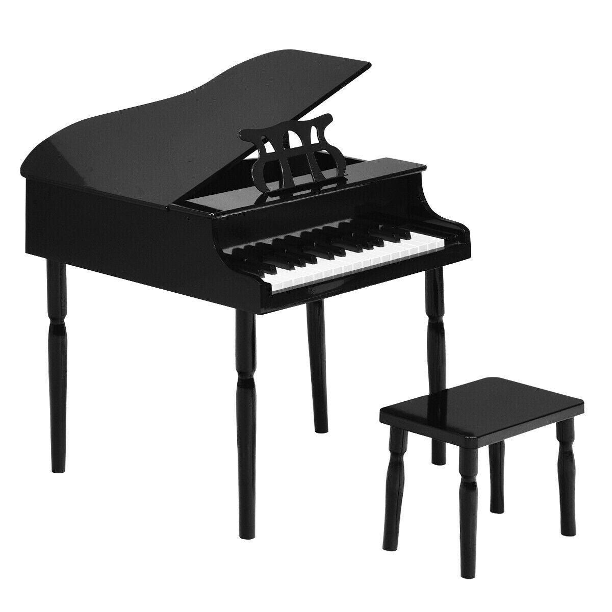 30-Key Wood Toy Kids Grand Piano with Bench and Music Rack-Black Kids Crystal