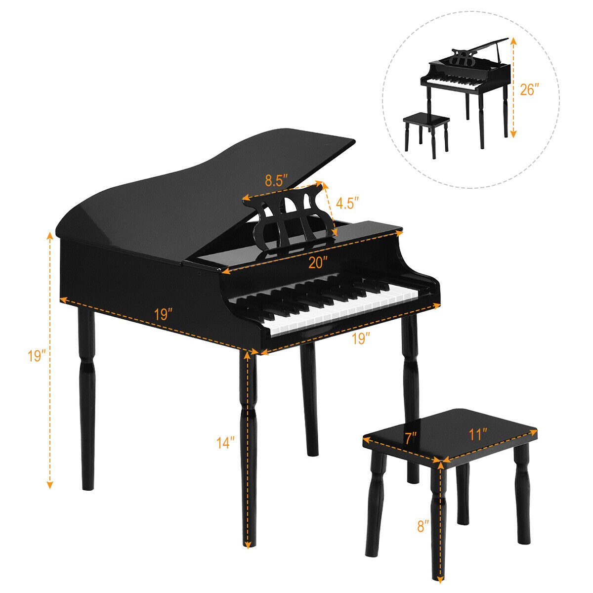 30-Key Wood Toy Kids Grand Piano with Bench and Music Rack-Black Kids Crystal