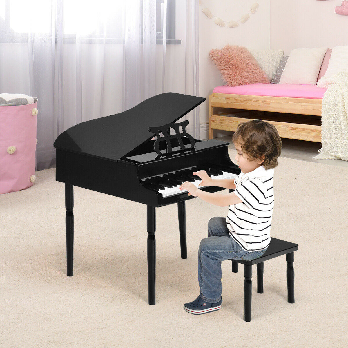 30-Key Wood Toy Kids Grand Piano with Bench and Music Rack-Black Kids Crystal