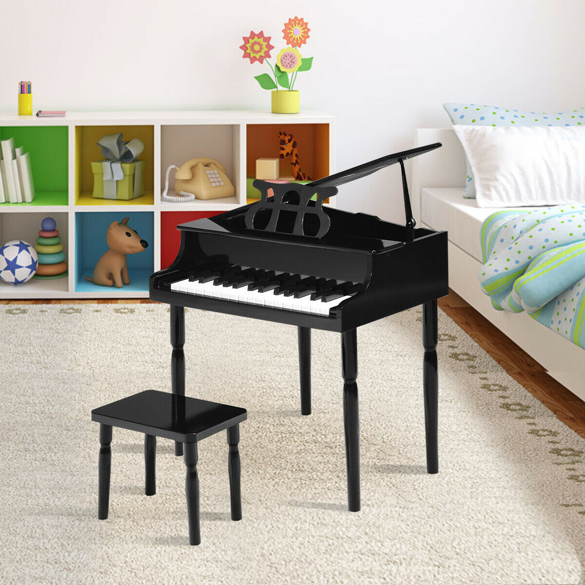 30-Key Wood Toy Kids Grand Piano with Bench and Music Rack-Black Kids Crystal