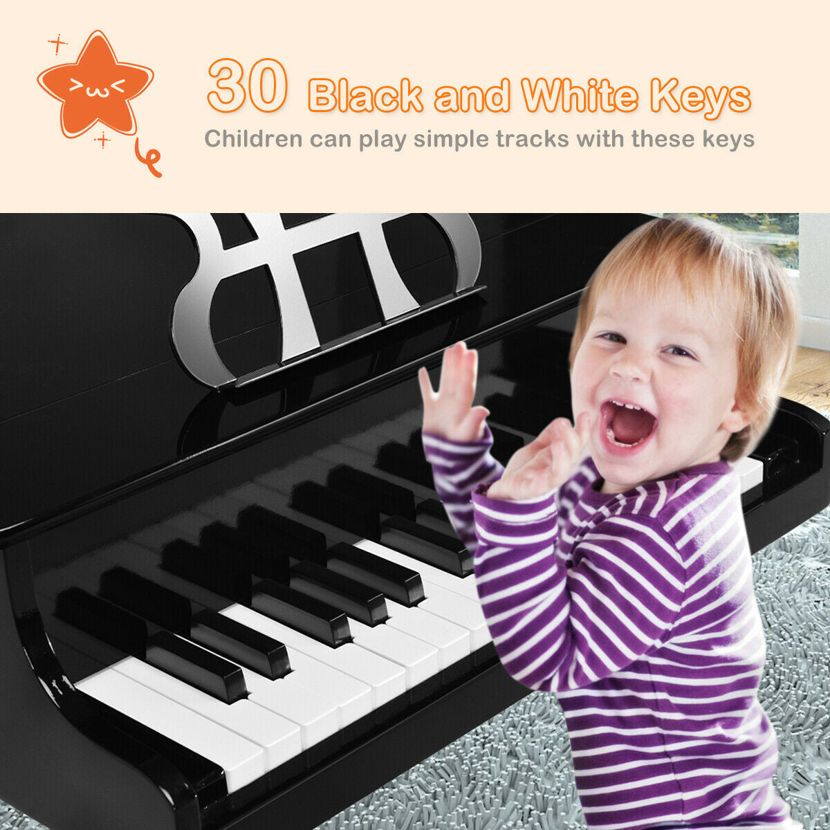 30-Key Wood Toy Kids Grand Piano with Bench and Music Rack-Black Kids Crystal