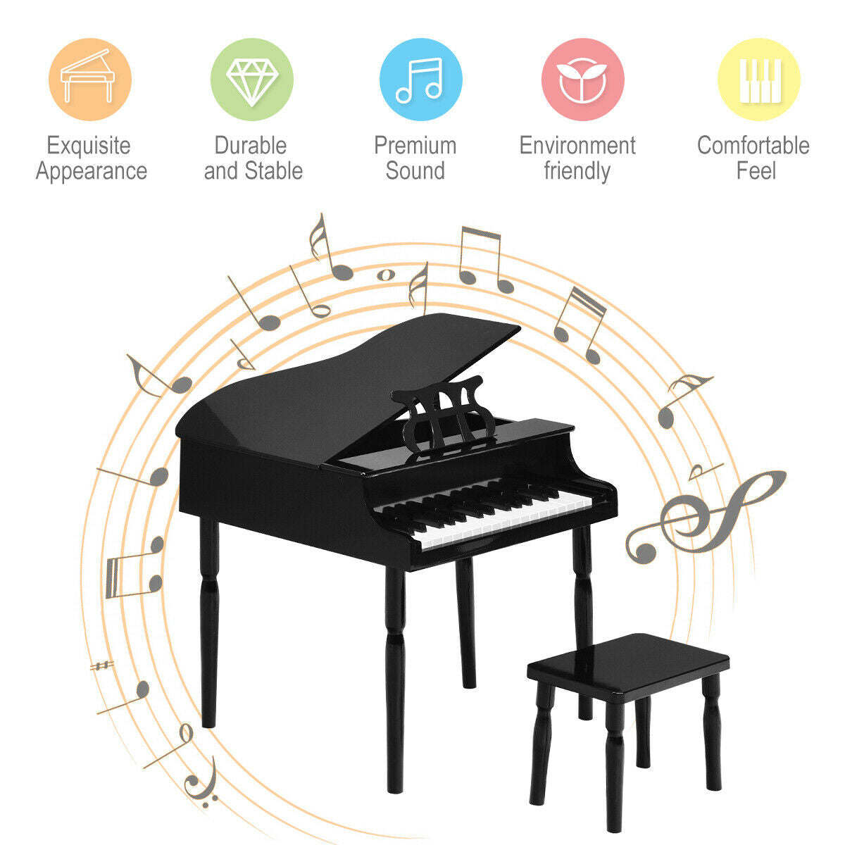 30-Key Wood Toy Kids Grand Piano with Bench and Music Rack-Black Kids Crystal