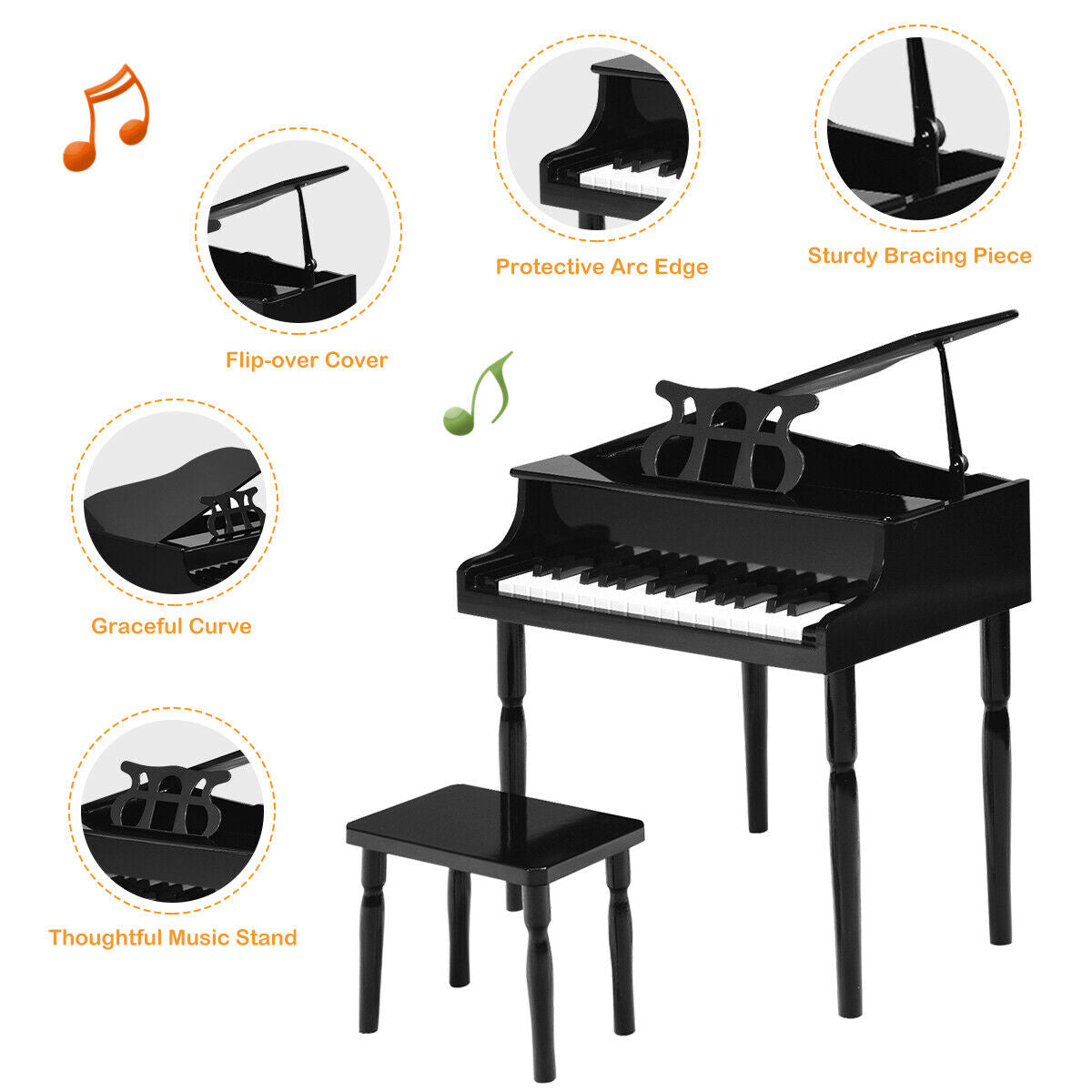 30-Key Wood Toy Kids Grand Piano with Bench and Music Rack-Black Kids Crystal