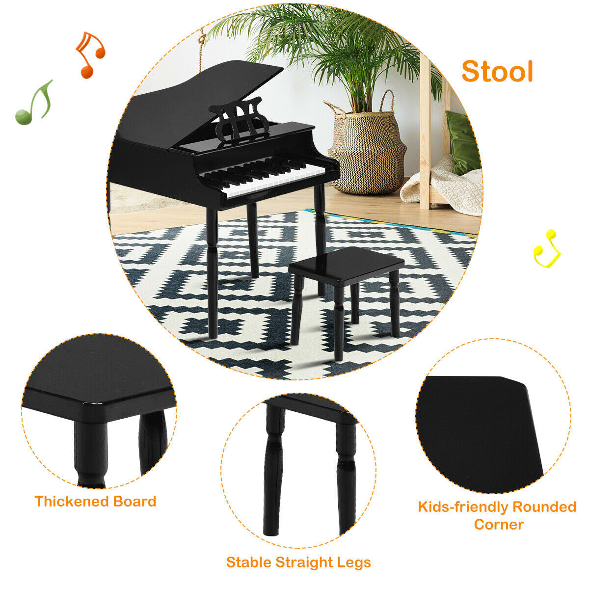 30-Key Wood Toy Kids Grand Piano with Bench and Music Rack-Black Kids Crystal