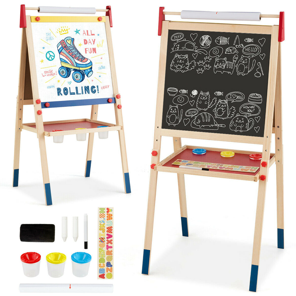 All-in-One Wooden Height Adjustable Kid's Art Easel with Magnetic Stickers and Paper Kids Crystal