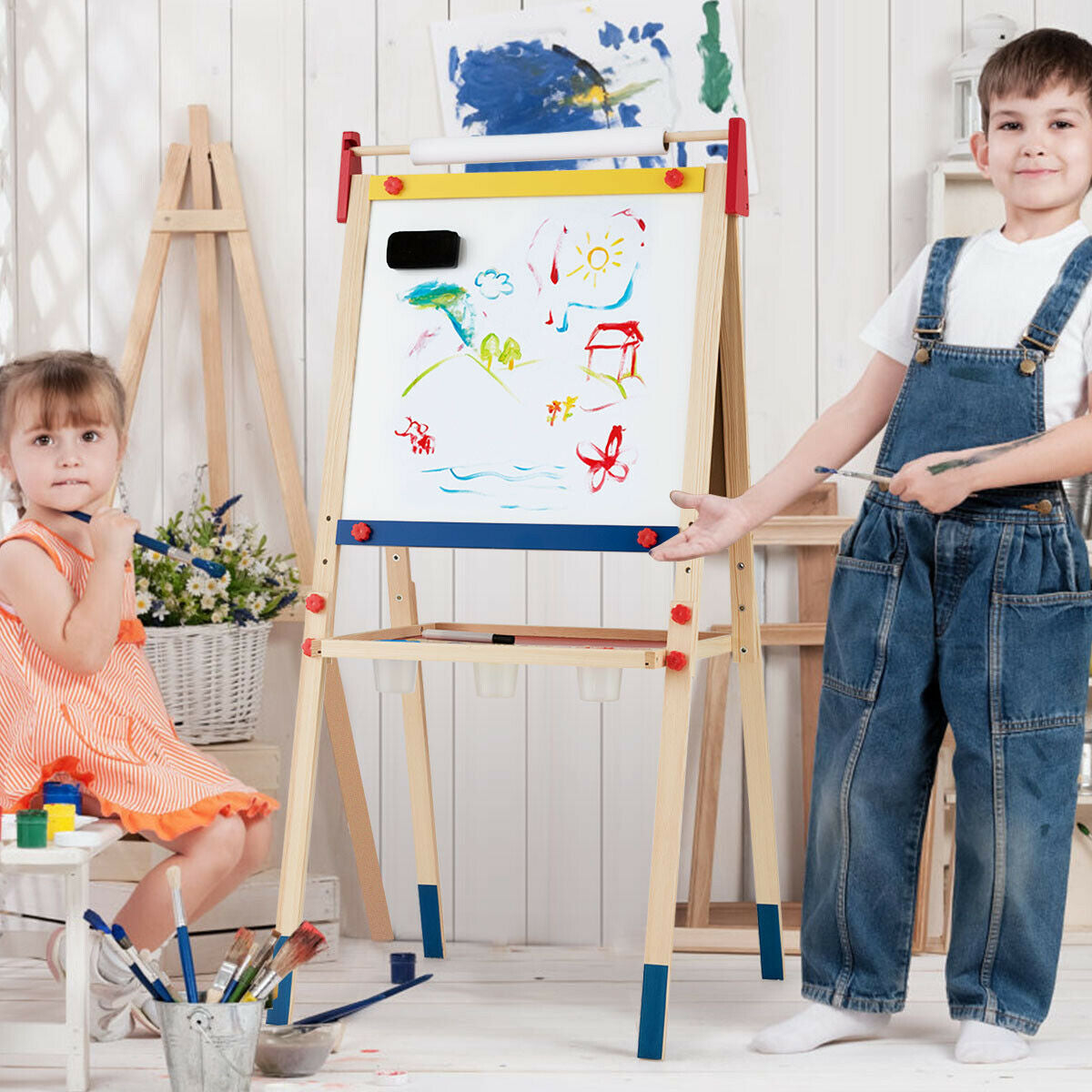 All-in-One Wooden Height Adjustable Kid's Art Easel with Magnetic Stickers and Paper Kids Crystal