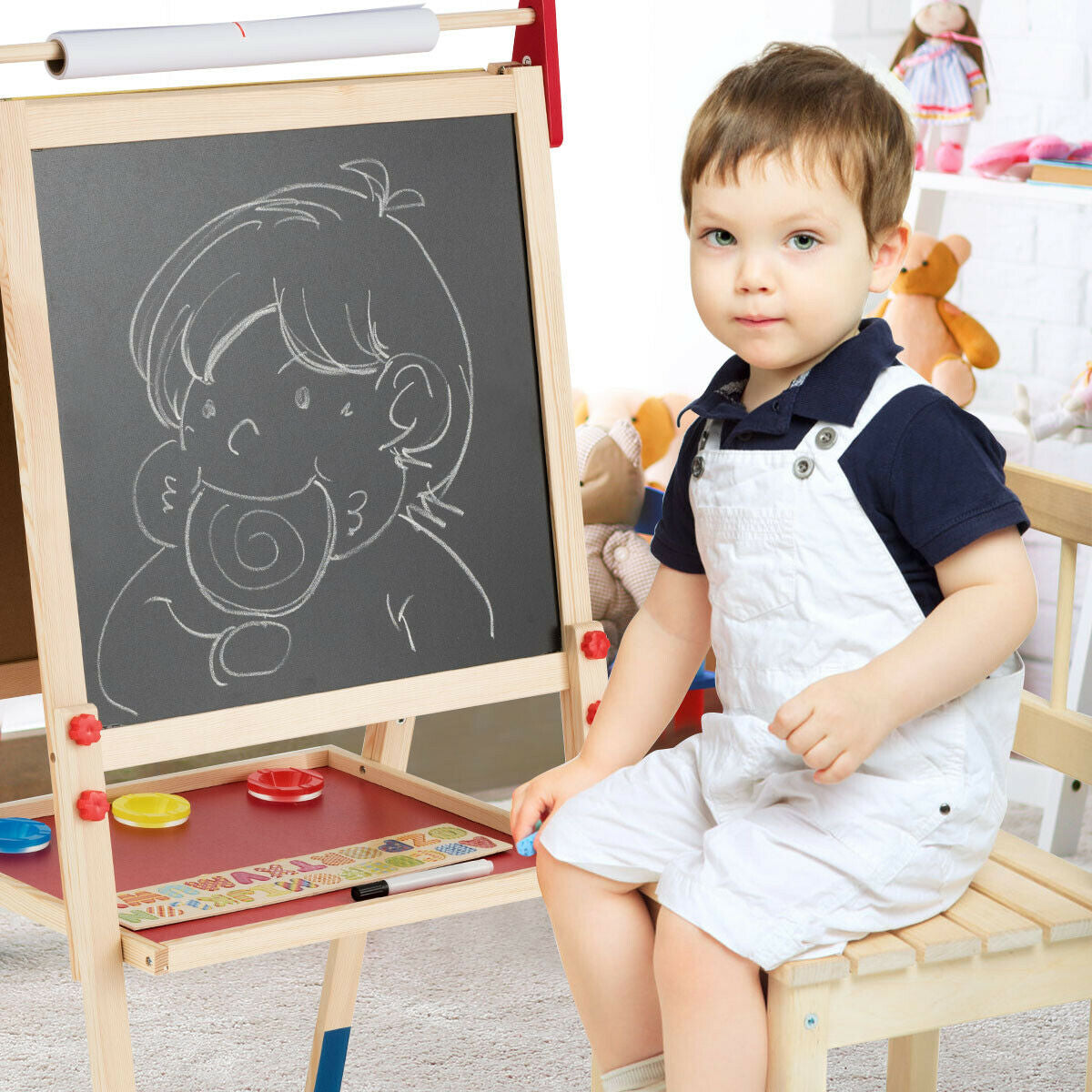 All-in-One Wooden Height Adjustable Kid's Art Easel with Magnetic Stickers and Paper Kids Crystal