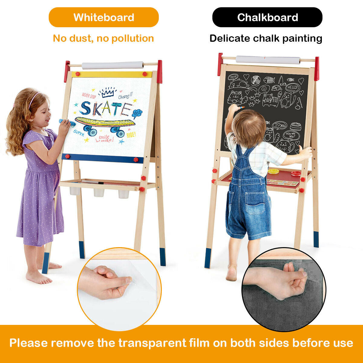 All-in-One Wooden Height Adjustable Kid's Art Easel with Magnetic Stickers and Paper Kids Crystal