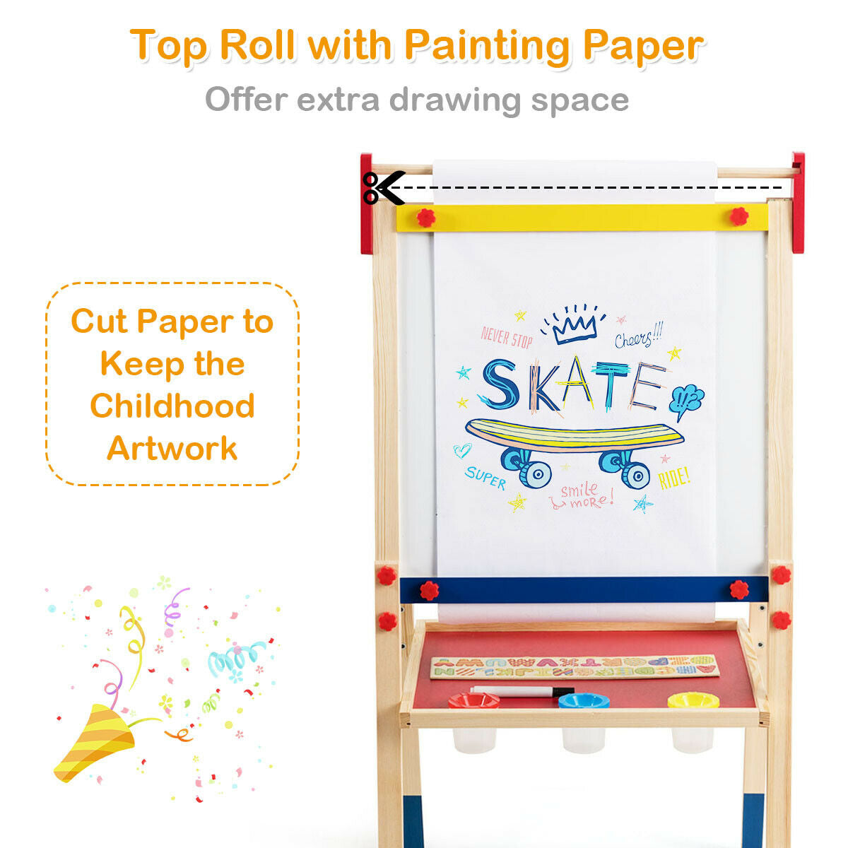 All-in-One Wooden Height Adjustable Kid's Art Easel with Magnetic Stickers and Paper Kids Crystal