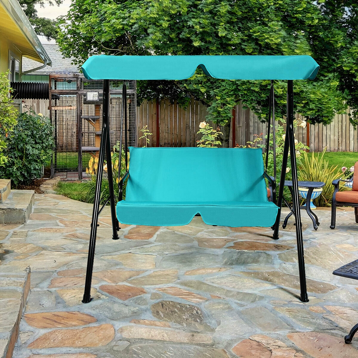 Loveseat Cushioned Patio Steel Frame Swing Glider -Blue Kids Crystal