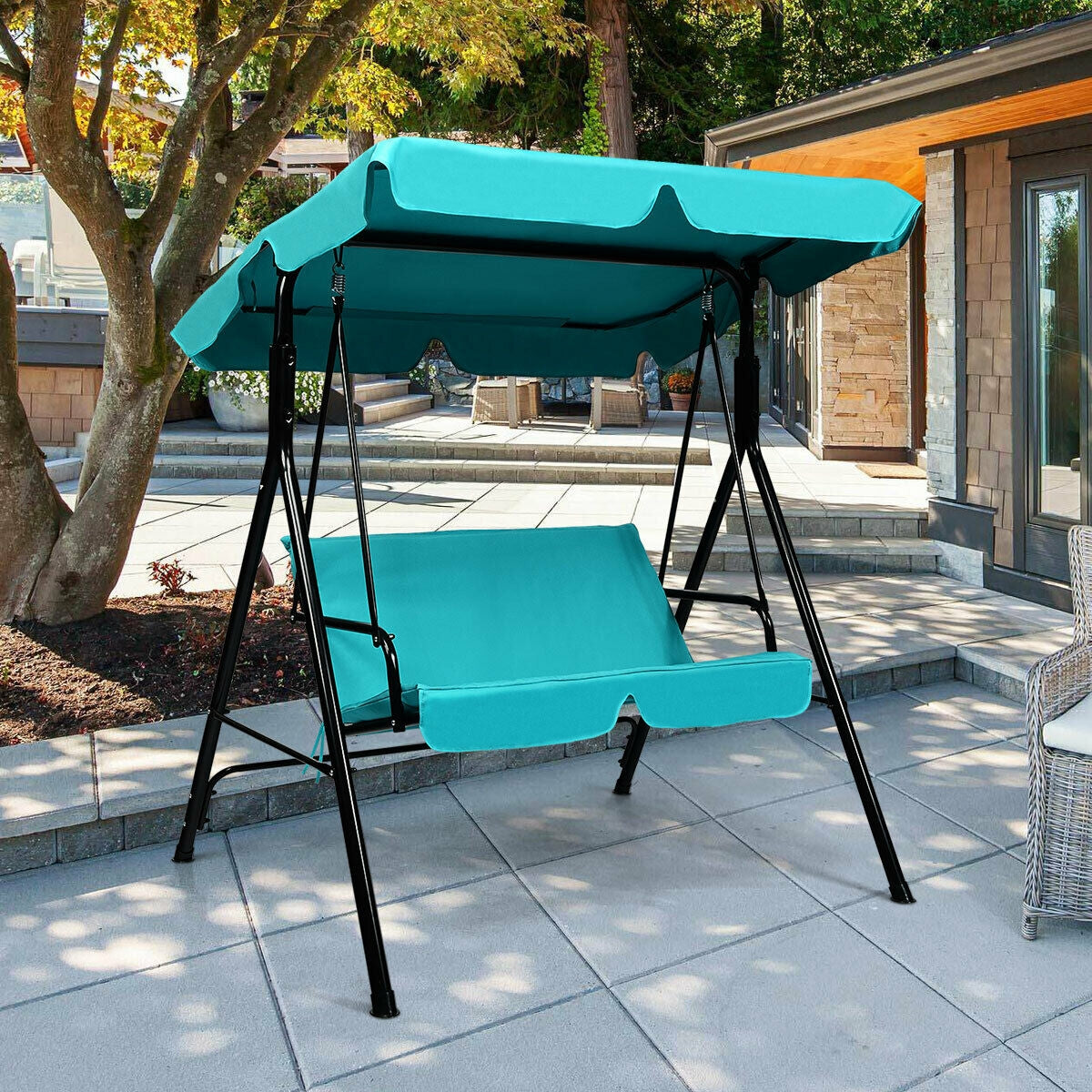 Loveseat Cushioned Patio Steel Frame Swing Glider -Blue Kids Crystal