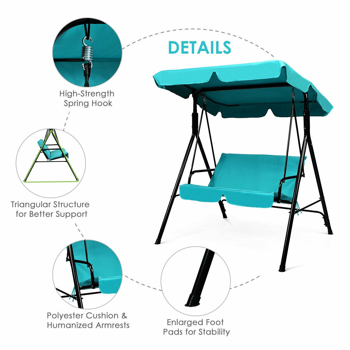 Loveseat Cushioned Patio Steel Frame Swing Glider -Blue Kids Crystal