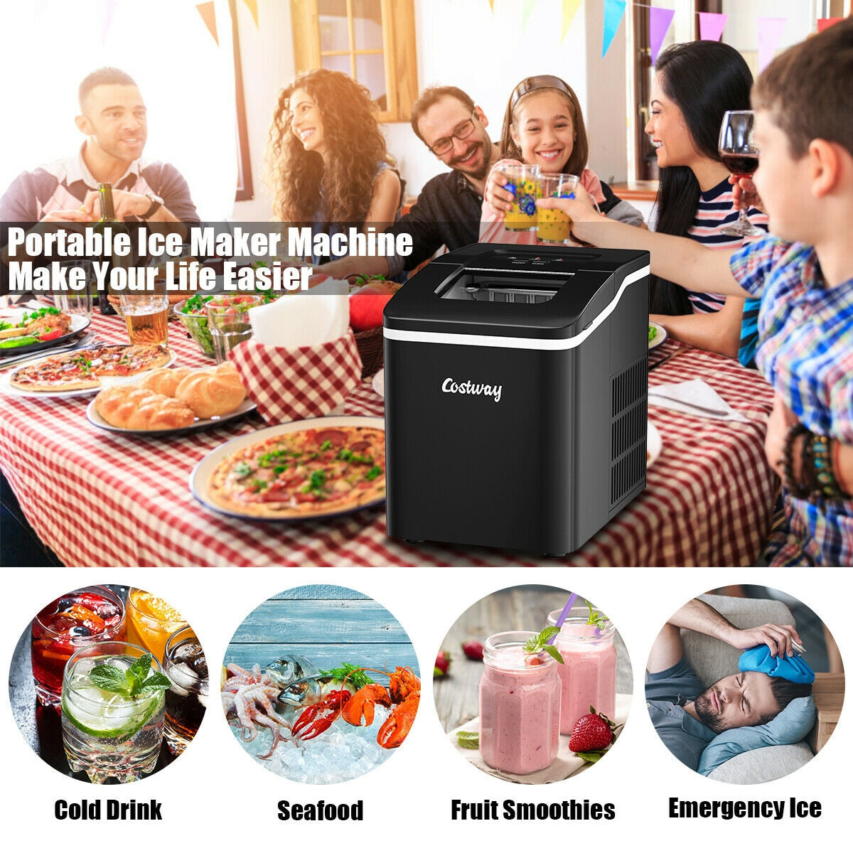 26lbs/24h Portable Countertop Ice Maker Machine with Scoop 9 Ice Cubes Ready in 8 minutes-Black Kids Crystal