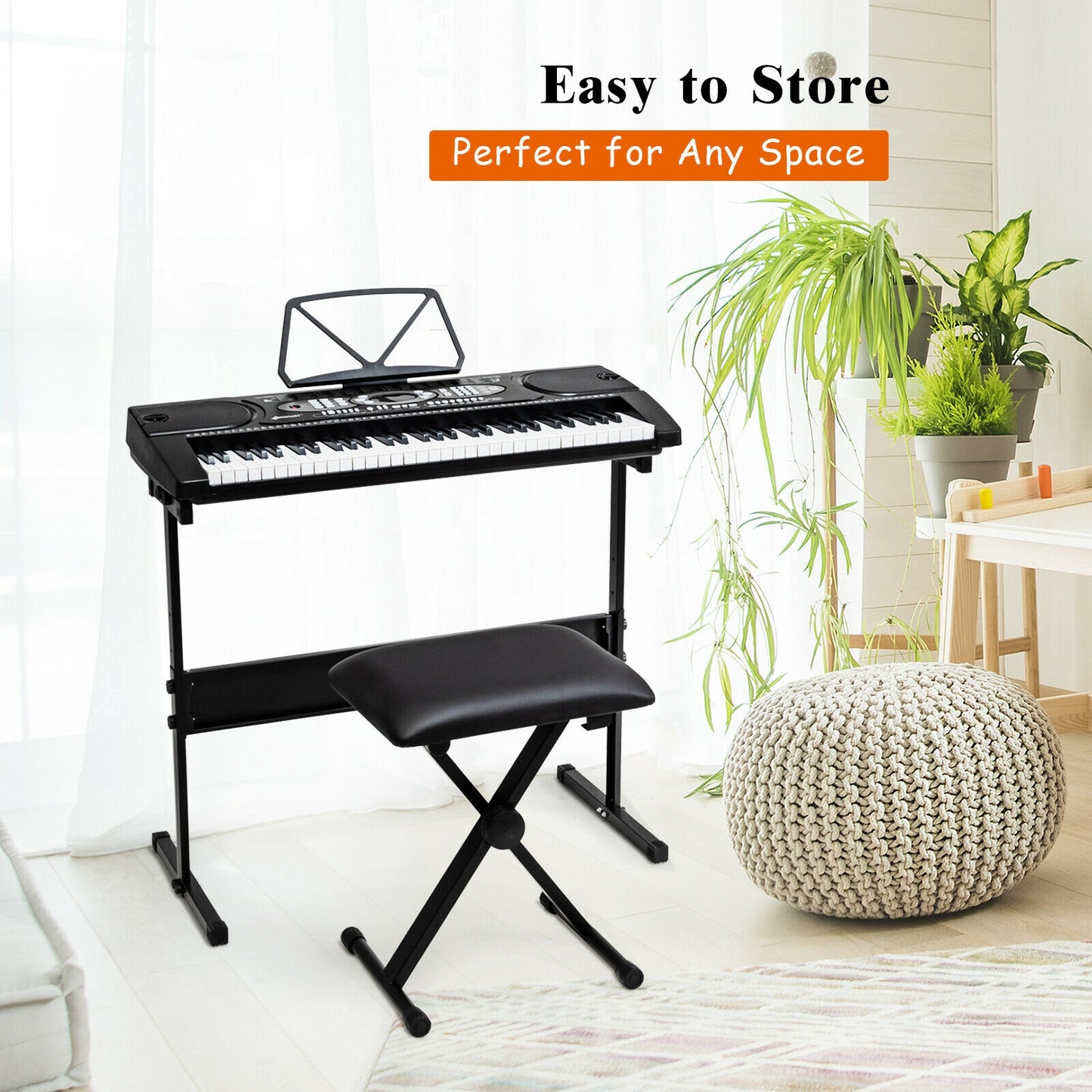 61 Key Electronic Piano with Lighted Keys Stand Bench Headphone Kids Crystal