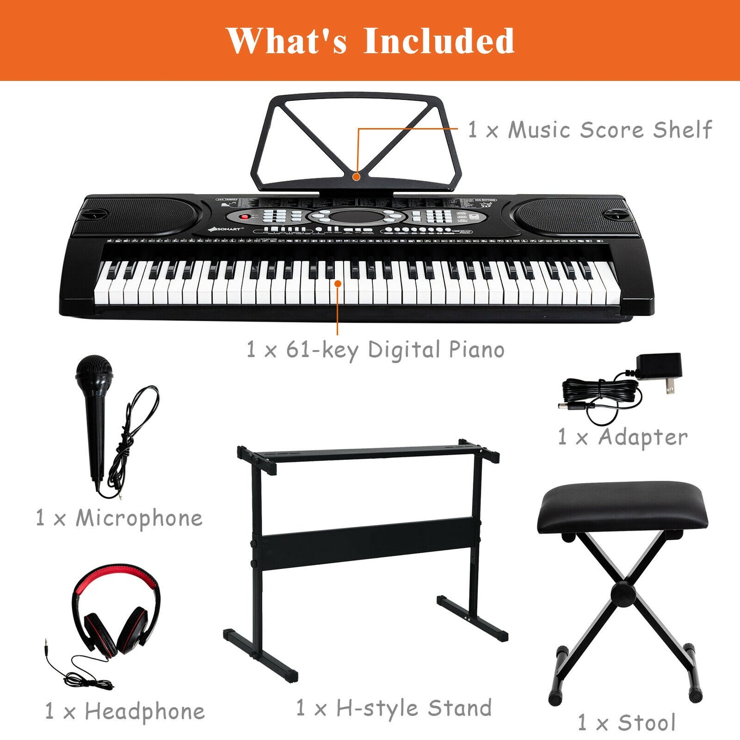 61 Key Electronic Piano with Lighted Keys Stand Bench Headphone Kids Crystal
