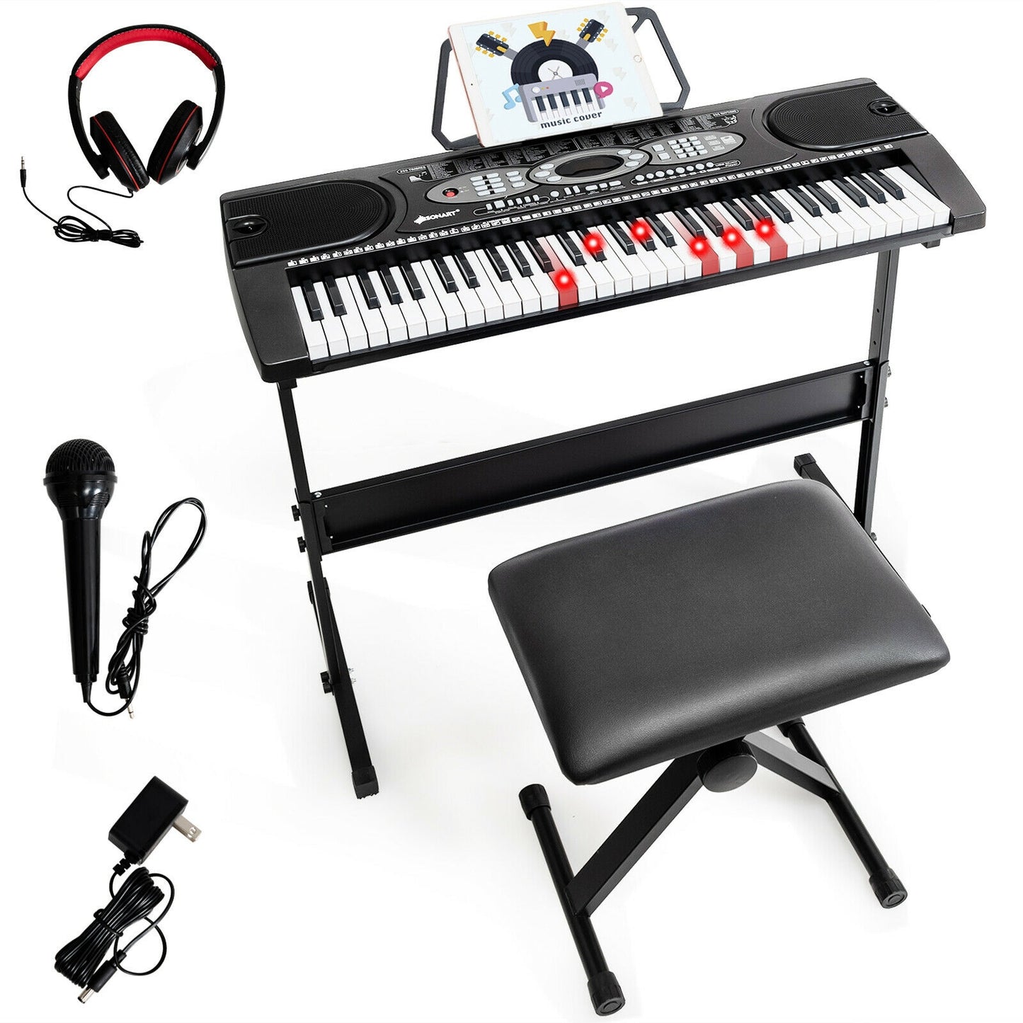 61 Key Electronic Piano with Lighted Keys Stand Bench Headphone Kids Crystal