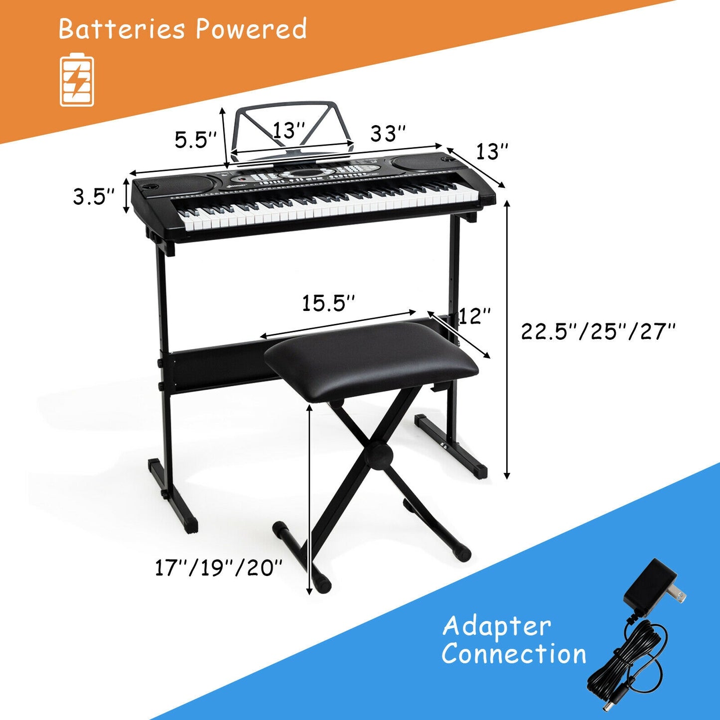 61 Key Electronic Piano with Lighted Keys Stand Bench Headphone Kids Crystal