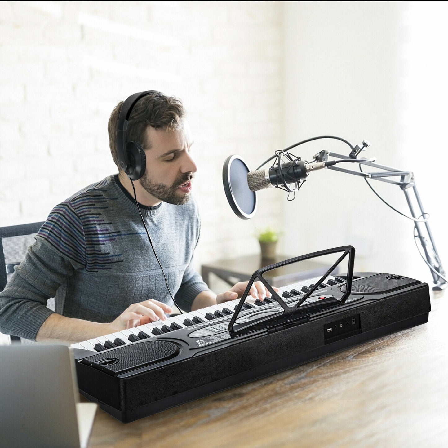 61 Key Electronic Piano with Lighted Keys Stand Bench Headphone Kids Crystal