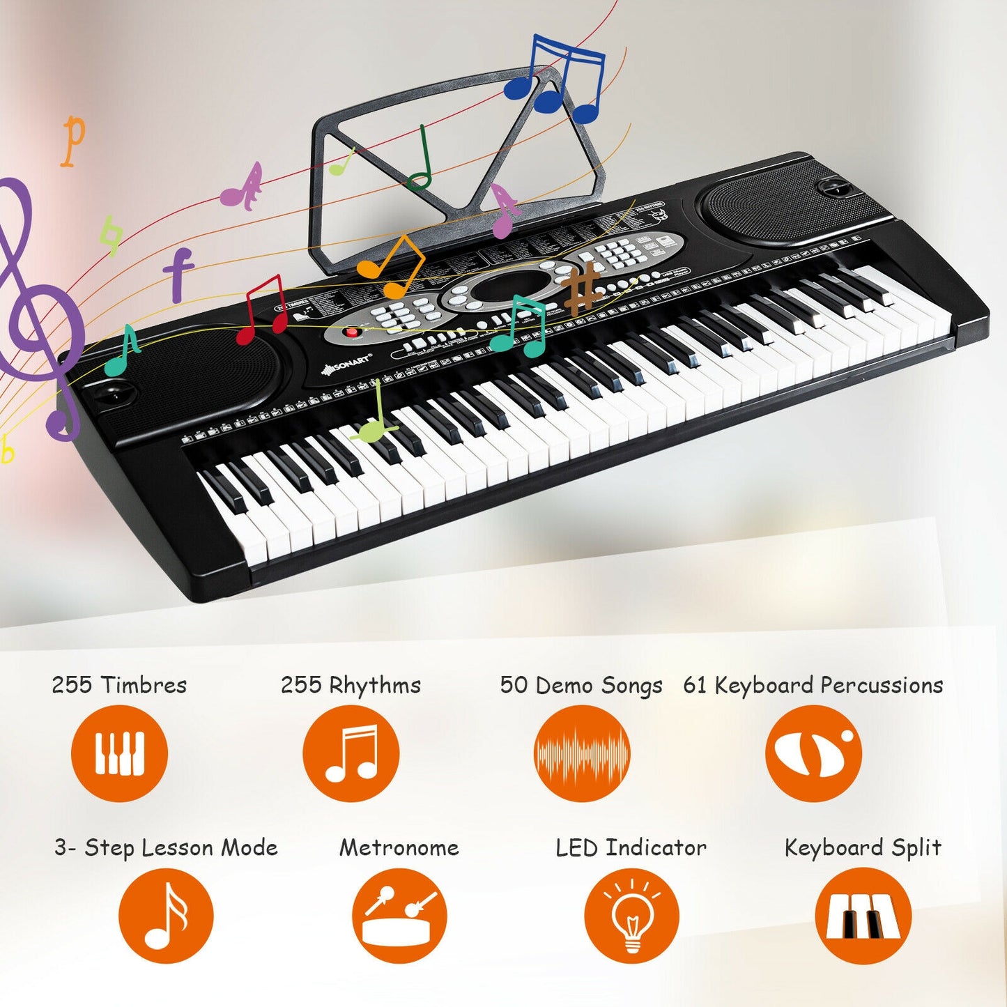 61 Key Electronic Piano with Lighted Keys Stand Bench Headphone Kids Crystal