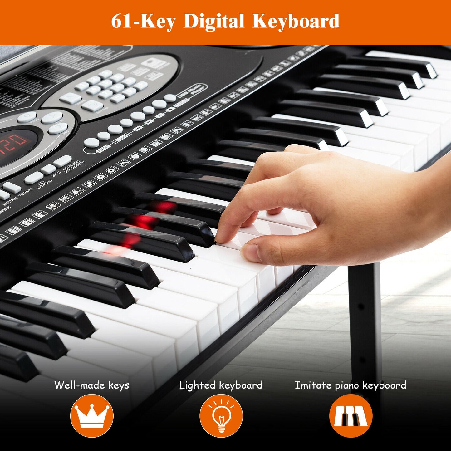 61 Key Electronic Piano with Lighted Keys Stand Bench Headphone Kids Crystal