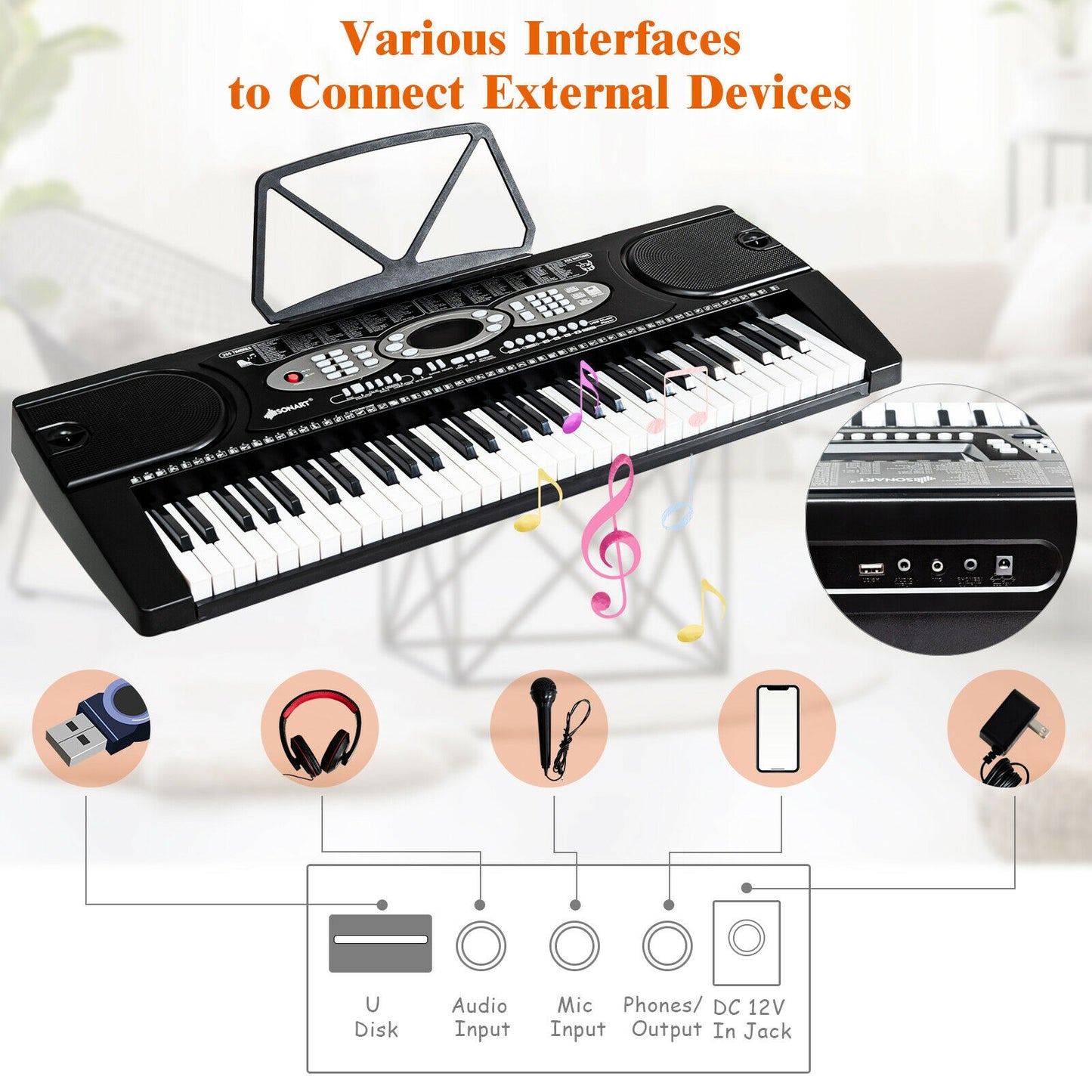 61 Key Electronic Piano with Lighted Keys Stand Bench Headphone Kids Crystal