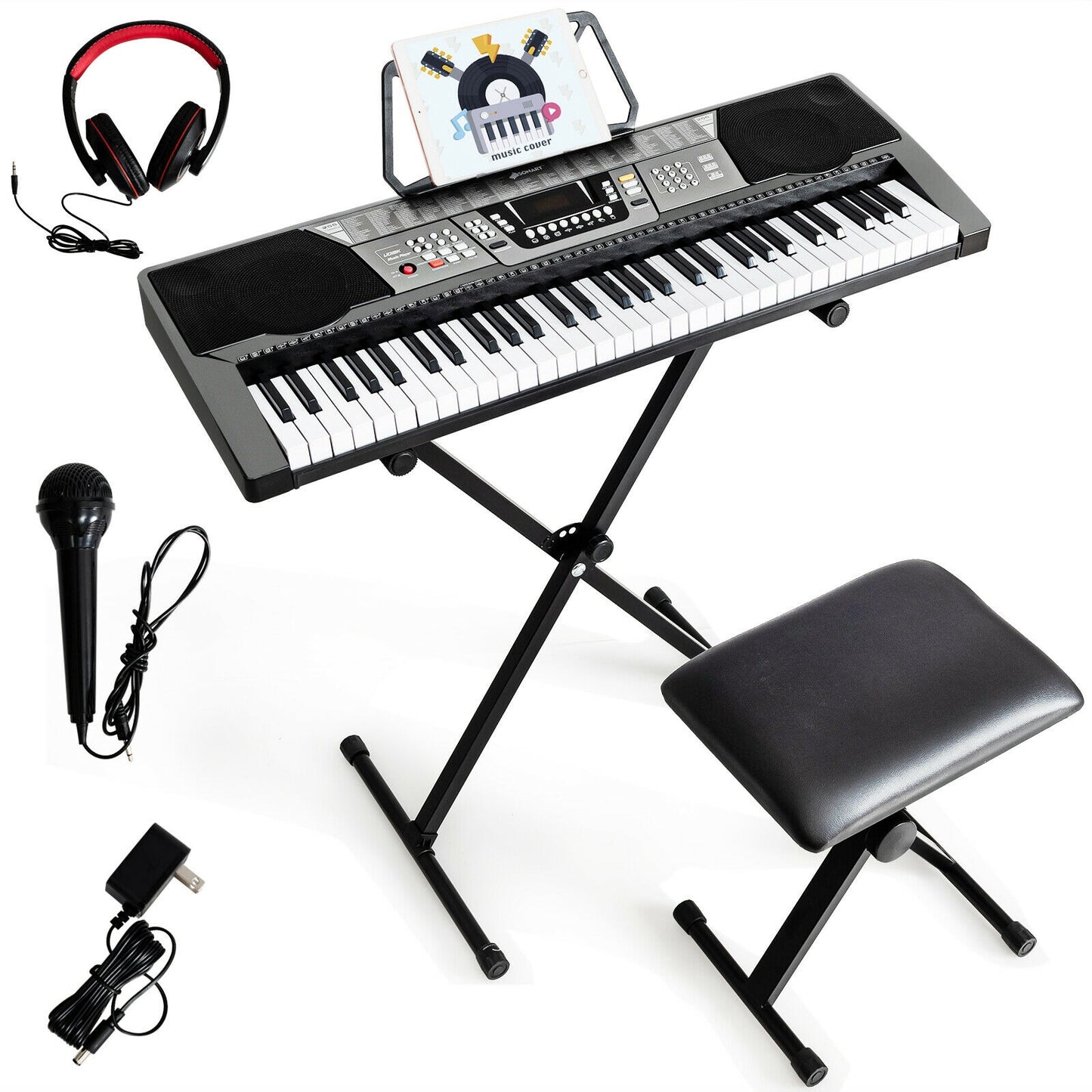 61 Key Electronic Keyboard Piano Set with Stand Bench Headphones Kids Crystal