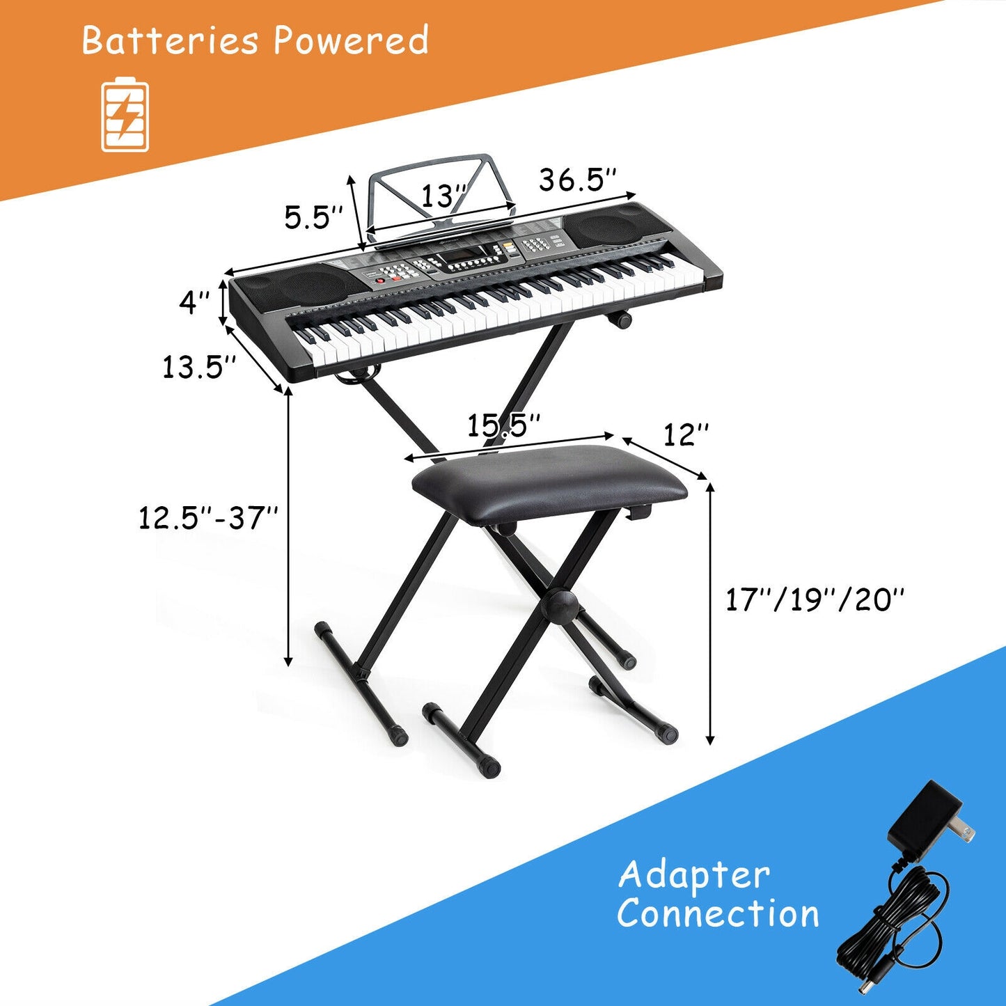 61 Key Electronic Keyboard Piano Set with Stand Bench Headphones Kids Crystal