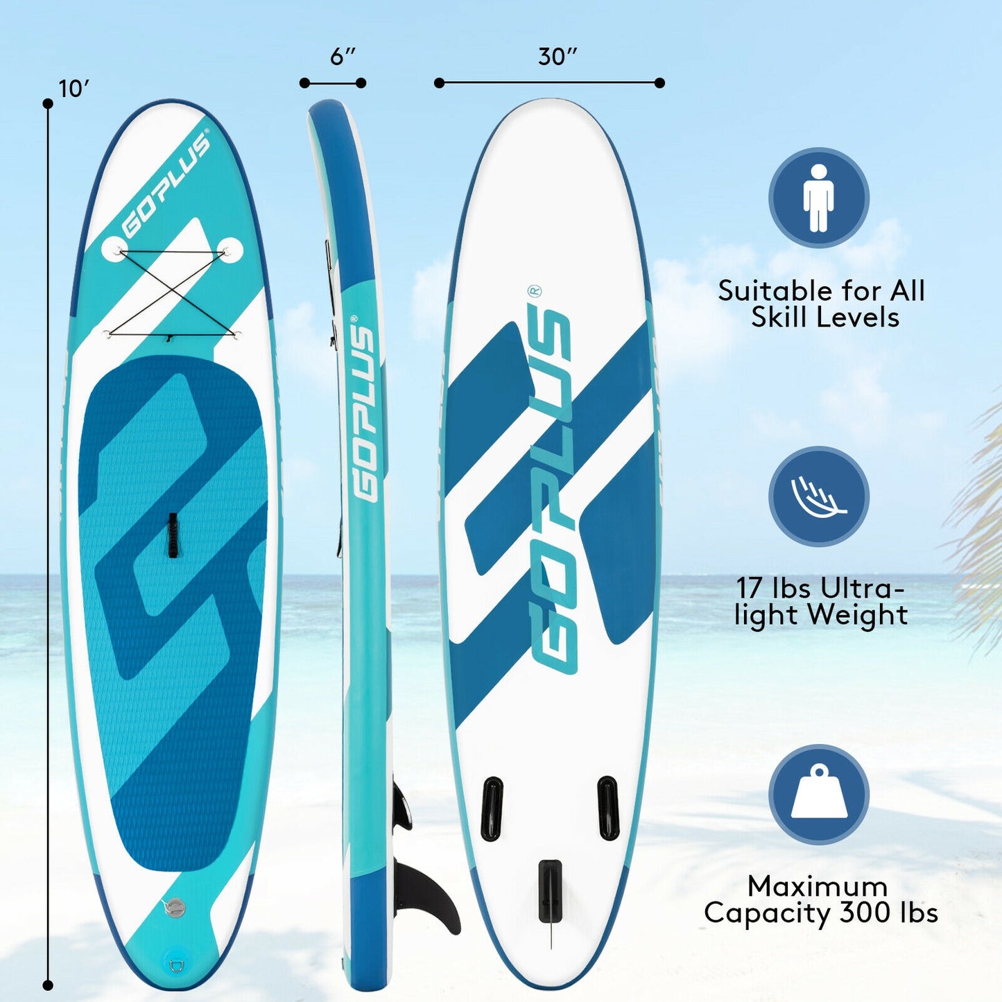 10 Feet Inflatable Stand Up Paddle Board 6 Inch Thick with Backpack Leash Aluminum Paddle Kids Crystal
