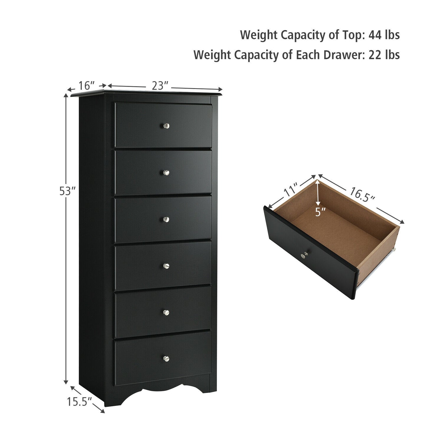 6 Drawers Chest Dresser Clothes Storage Bedroom Furniture Cabinet-Black Kids Crystal