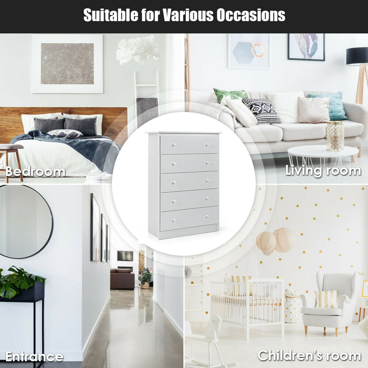 Functional Storage Organized Dresser with 5 Drawer-White Kids Crystal